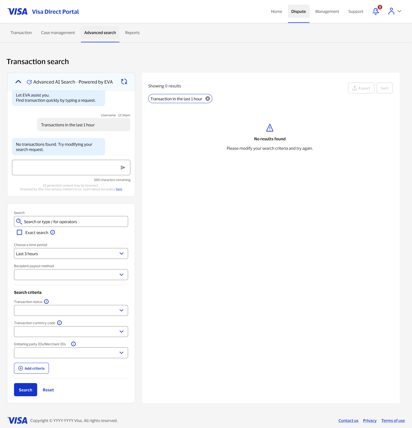 EVA no-results state with plain-language message